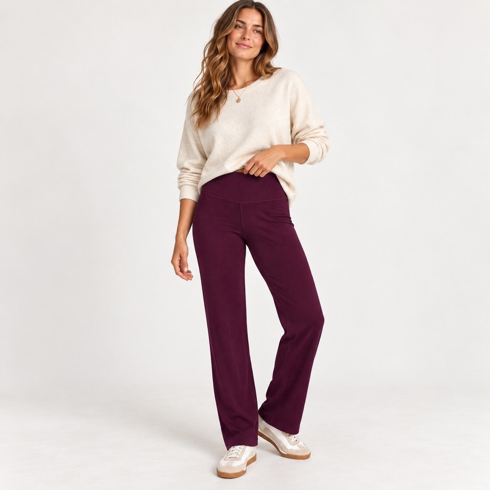 PACT Women's Organic Cotton Ribbed Straight Leg Leggings Large Deep Plum Lounge
